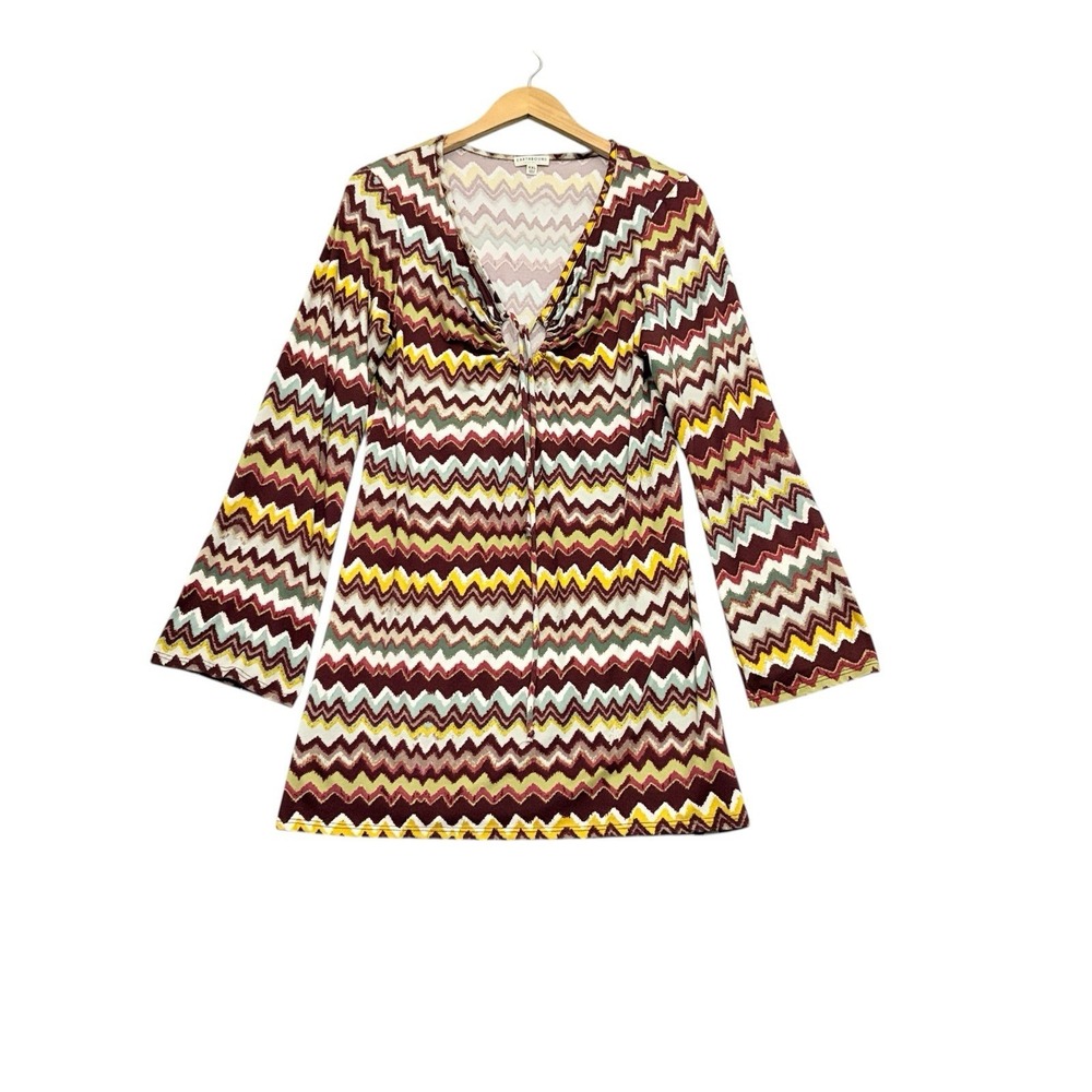 Earthbound Tunic‎ Dress XXL Chevron Print Long Sleeve Tie Neck Boho Festival